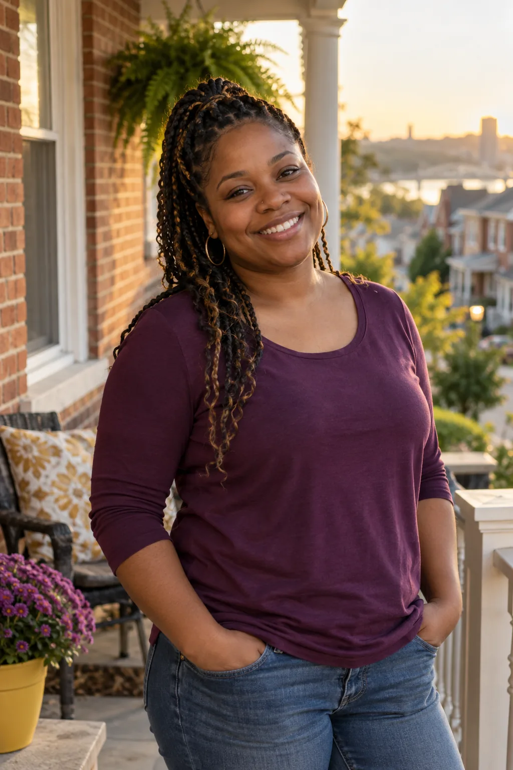 A smiling Direct Support Professional standing on a front porch.