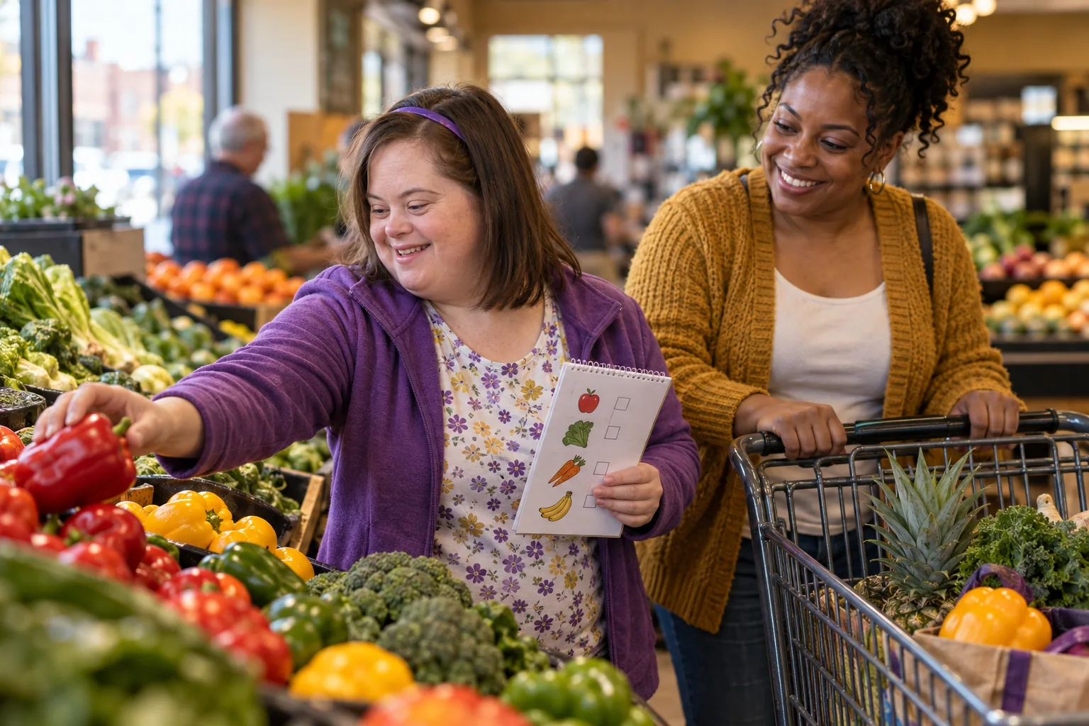 A woman choosing produce at a neighborhood grocery store with her own shopping list.