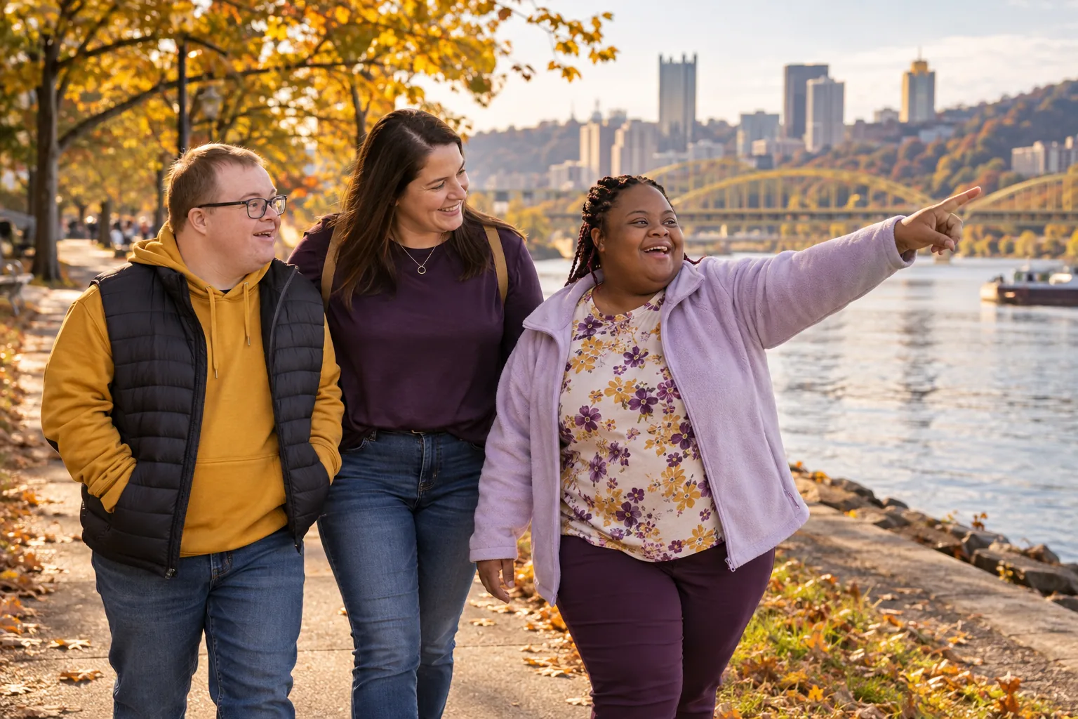 Two adults and a support professional walking along a riverfront trail in autumn.