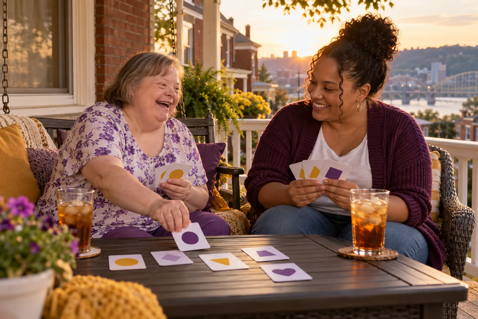 A woman and a support professional sharing iced tea and a card game on a front porch.