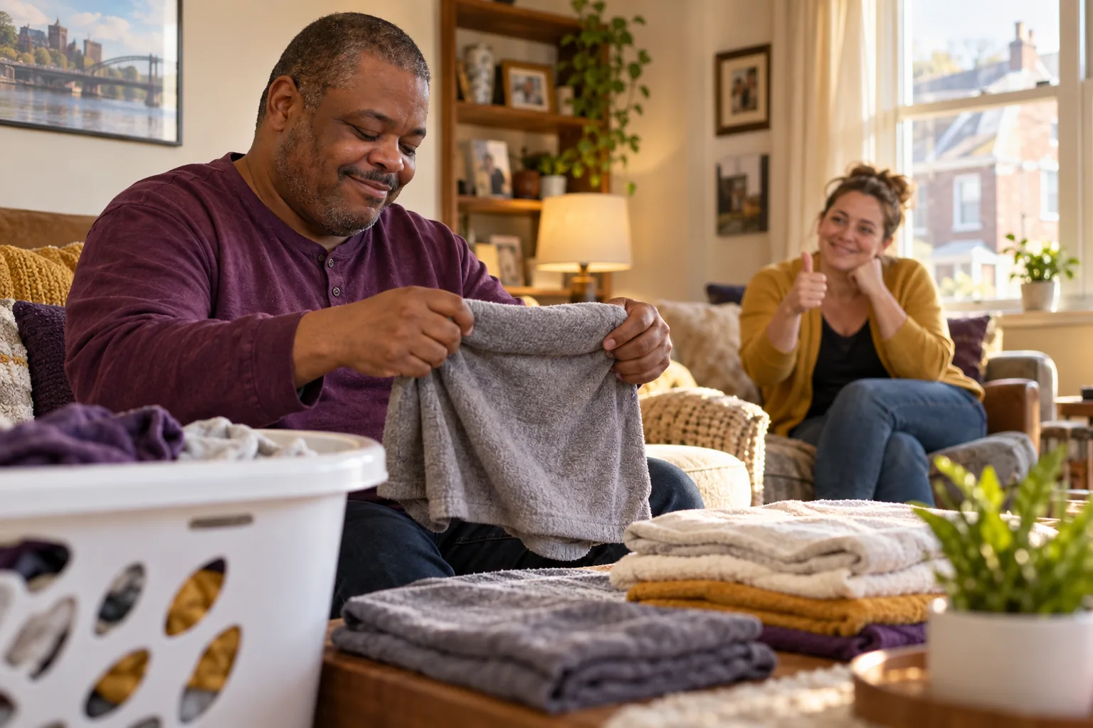 A man folding his own laundry at home while a support professional cheers him on.