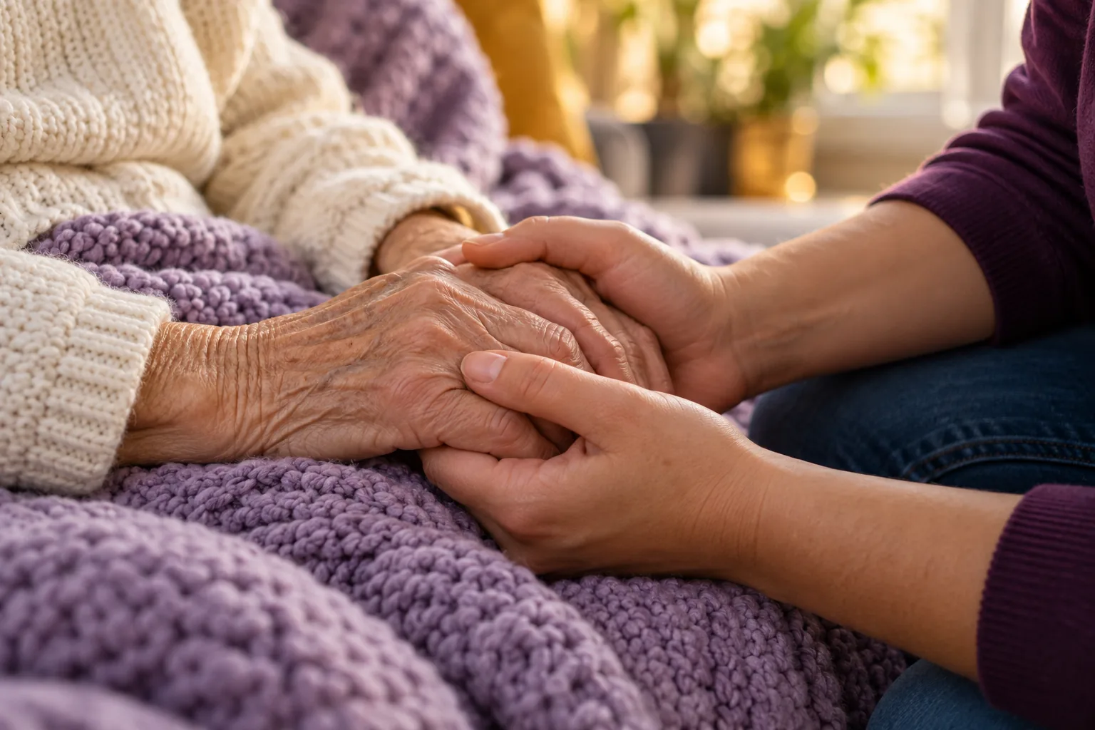 Close-up of caring hands held together on a lavender blanket.