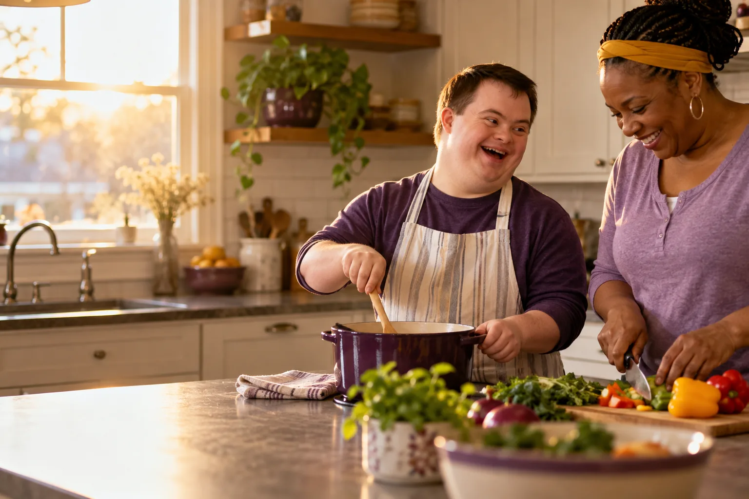 A young man with Down syndrome cooking dinner with a support professional in a warm family kitchen.