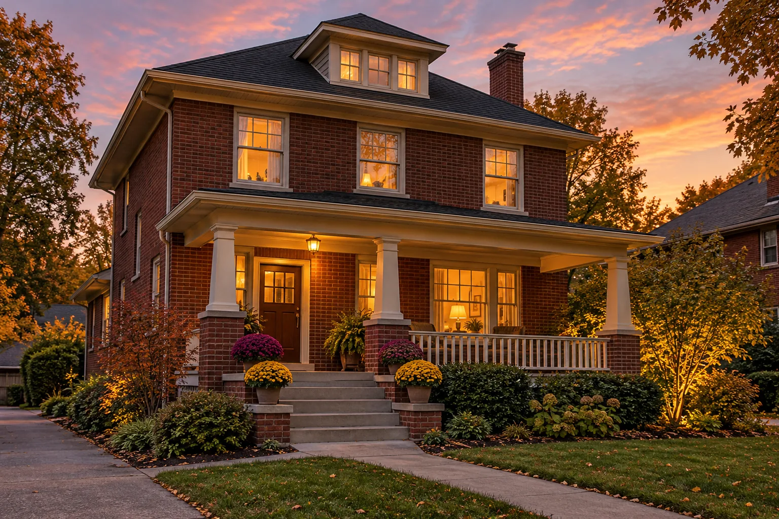 A welcoming brick home with a porch and warm lights glowing at dusk.