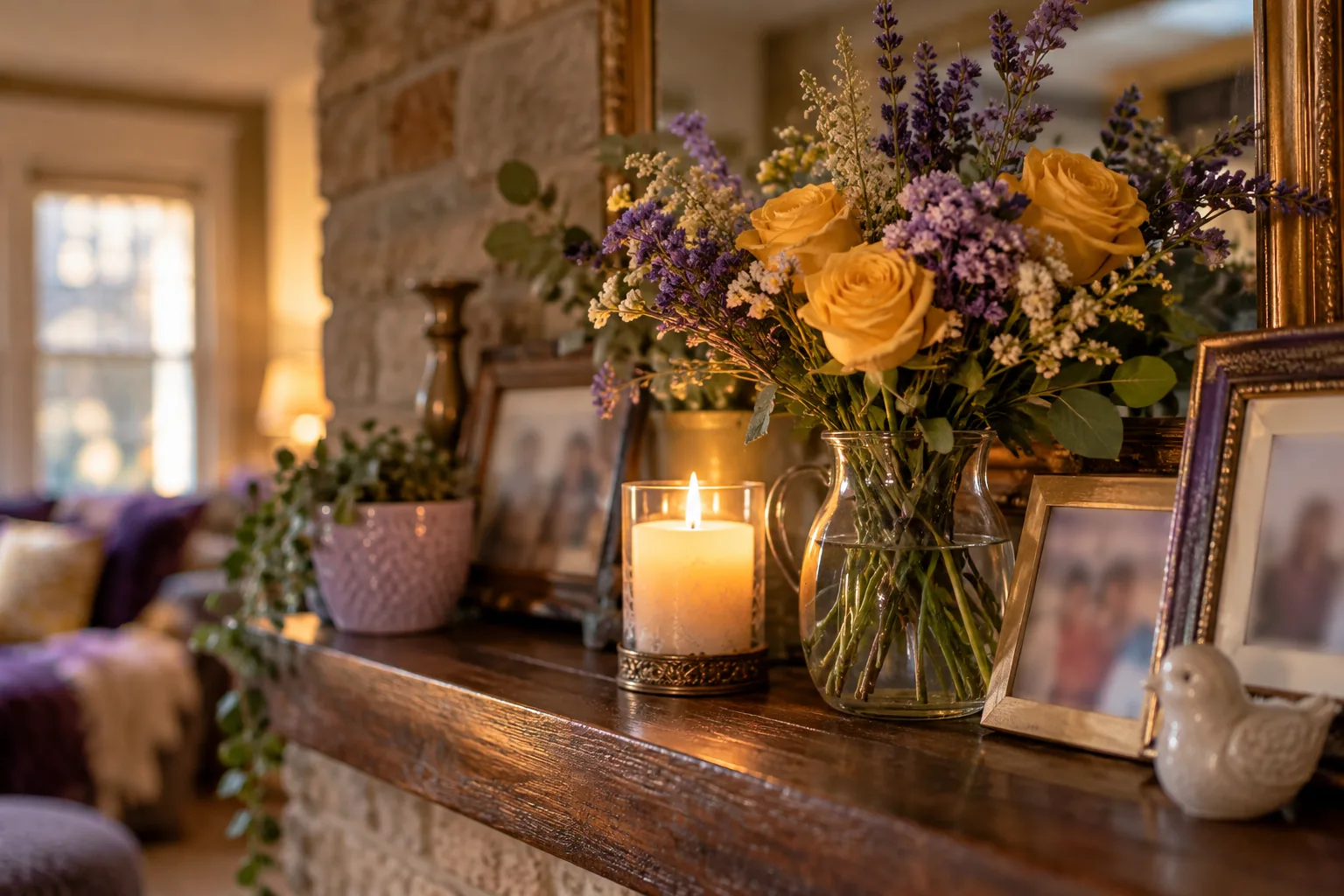 A mantel with framed family photos, purple and gold flowers, and a softly lit candle.
