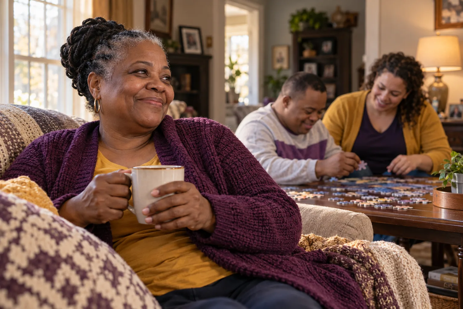 A mother relaxing with coffee while her adult son does a puzzle with a support professional.