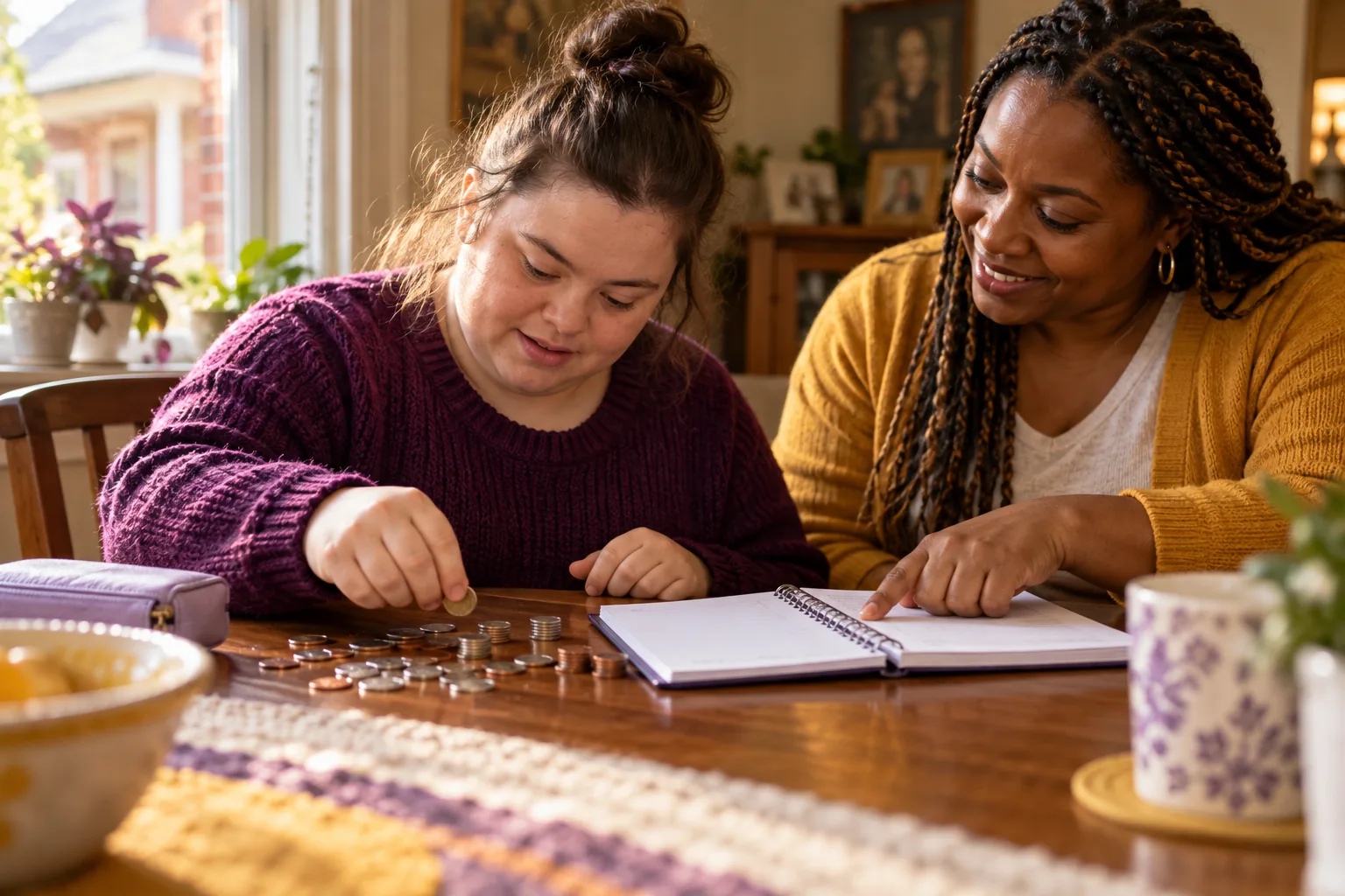 A young woman using a budget notebook at her dining table while a support professional encourages her.